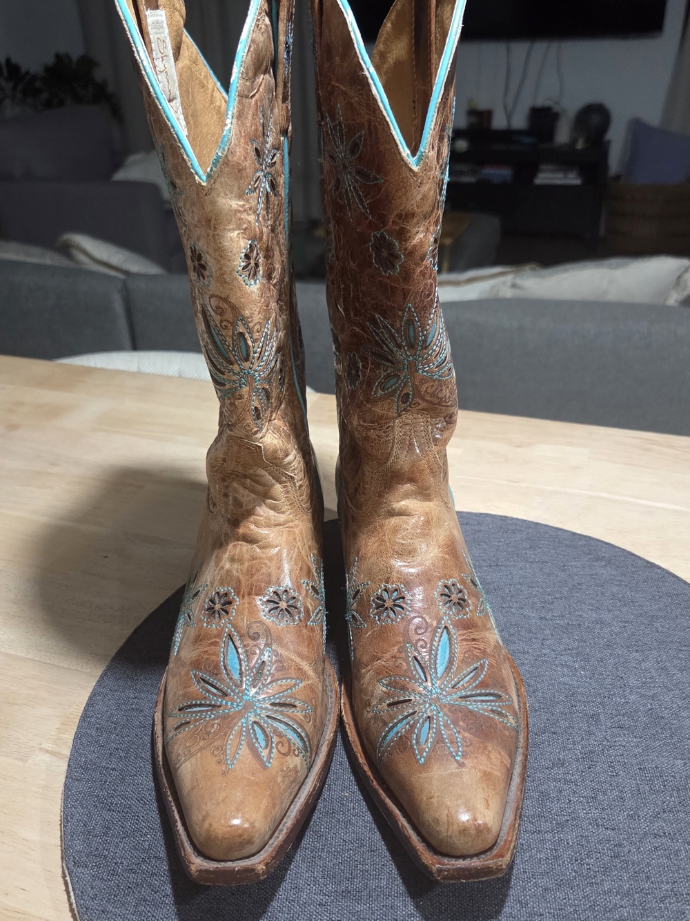 Shyanne Brown Leather Over-the-Knee Boots with Turquoise Stitching